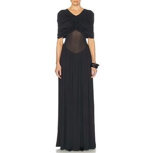 NWT Helsa Philomena Ruched Mesh V Neck Short Sleeve Jersey Maxi Dress Gown Black